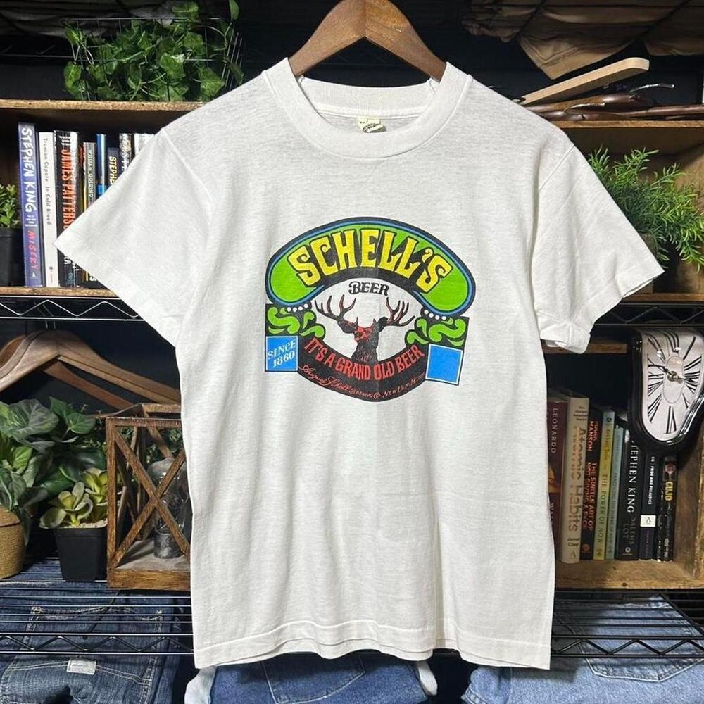 Vintage 80s Single Stitch Schell’s Beer Tee White Double Sided Graphic Shirt Men